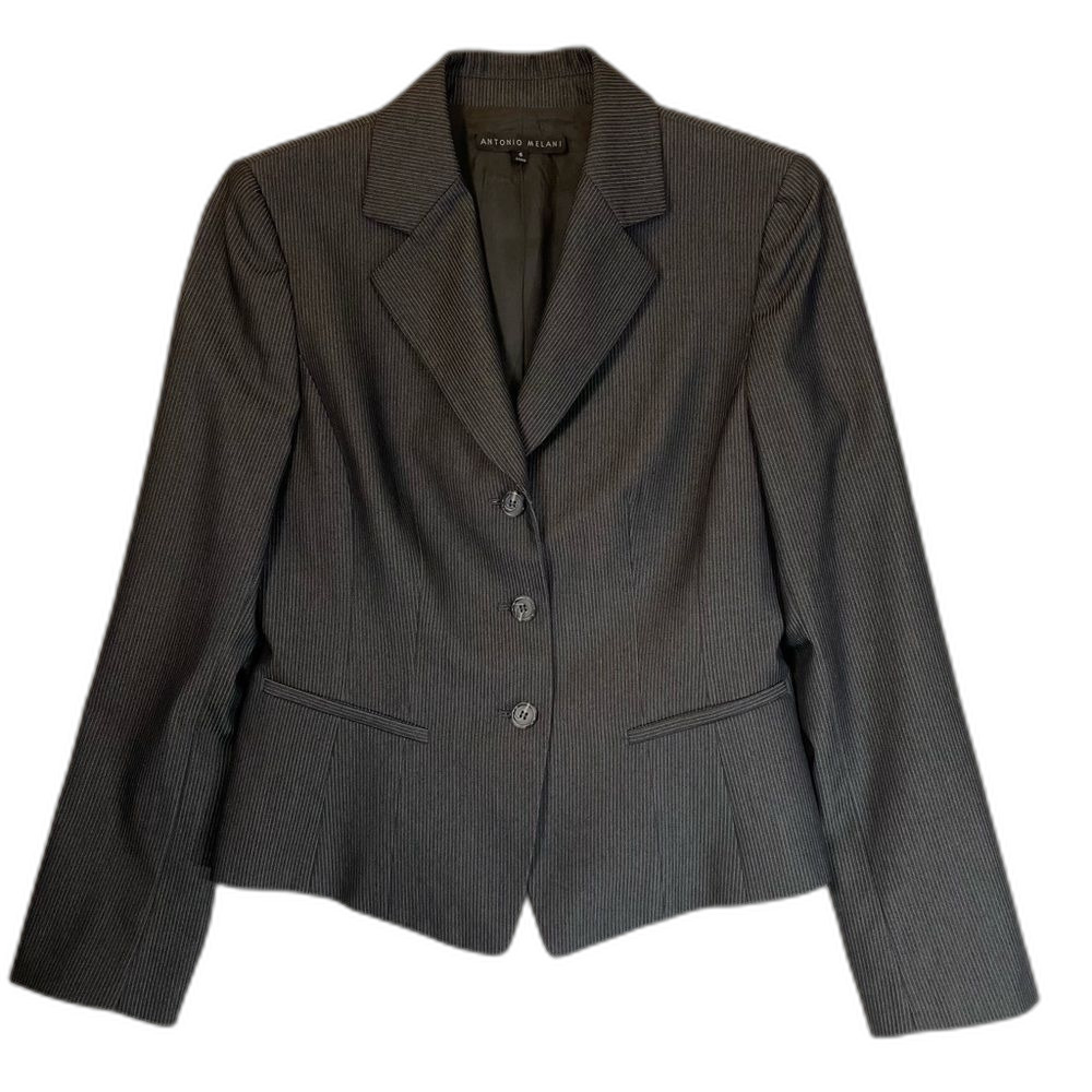 Antonio Melani Size 6 Black w/ White Pinstripes V-Neck Blazer 3 Button Closure